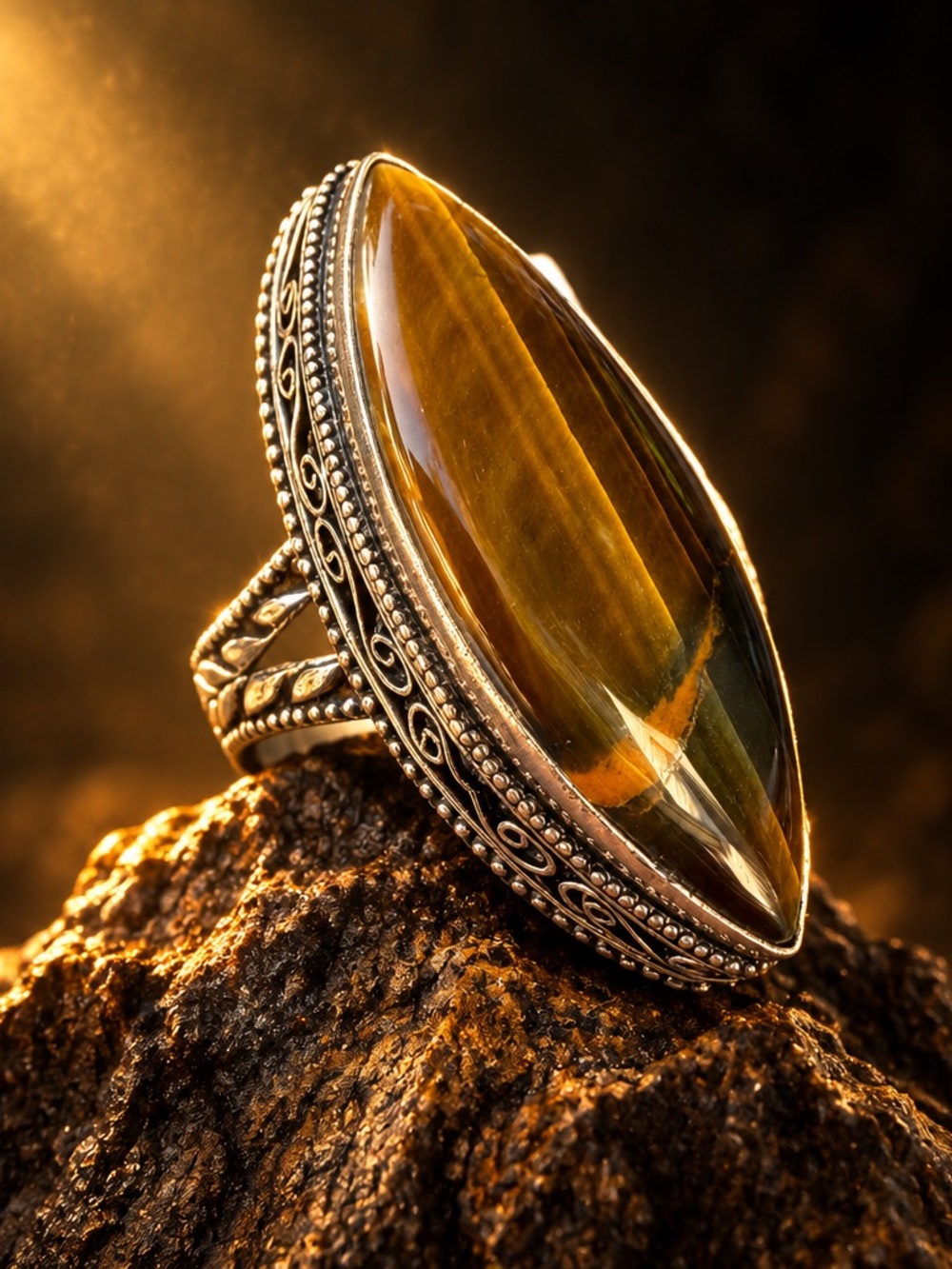 925 Sterling Silver Tiger's Eye Marquise  Ring Size 8.25